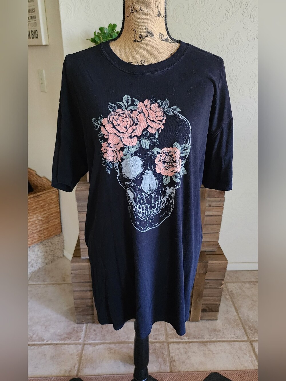 Black Tee with Floral Skull Graphic